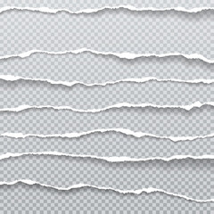 Obraz premium Pieces of torn, ripped white paper strips with soft shadow are on grey transparent background for text. Vector illustration
