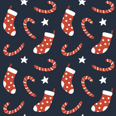 Christmas seamless pattern. Cute festive background. Vector illustration. Holiday endless texture.