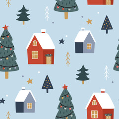 Christmas seamless pattern. Cute festive background. Vector illustration. Holiday endless texture.