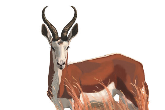 Antelope Springbok  in the orange grass.African wild black-tailed gazelle with long horns.Realistic drawing, illustration of the African savannah, isolated image on white background.