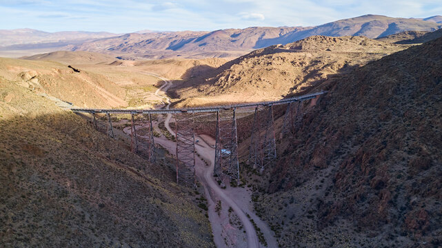 Aerial of Viaducto La Polvorilla, Polvorilla bridge, a popular viaduct of the train to the clouds, a railroad track between Salta and Antofagasta. It is a high level bridge in the Andes Mountains