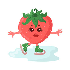 Cute smiling ice skating kawaii strawberry in flat design with shadows. Colored isolated cartoon vector illustration	
