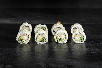 Sushi Rolls. Sushi Rolls Set, maki, philadelphia and california rolls, on a Black background.