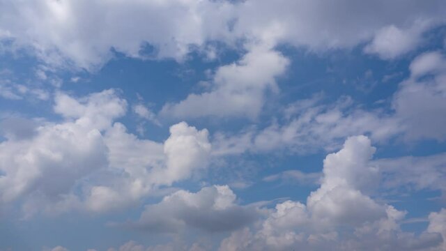 timelapse cloudscape, fluffy cumulus clouds transforming different shapes in blue airy sky in peaceful summer season, hight aerial view of sky-clouds atmosphere, panoramic tourism nature background