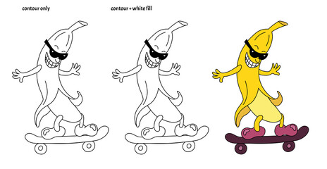 Funny smiling kawaii stripping banana with sunglasses and skateboard in doodle style. Isolated colored cheerful vector illustration	