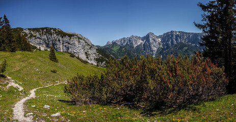 Panorama view from mountain Peterskoepfl to Kaisergebirge in Tyrol, Austria