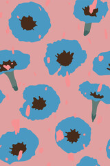 Tropical flowers seamless pattern, Bright pastel pink blue and brown color, flat hand drawn style, nice contrast vintage summer vibe, simple design, nostalgia feelings