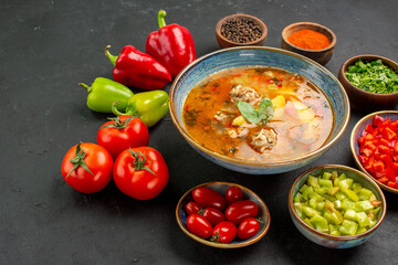 front view tasty meat soup with fresh vegetables on dark background dish food photo color