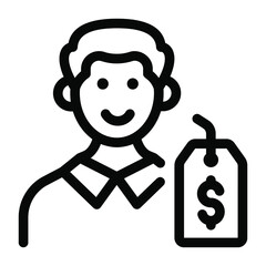 
Man with price tag showing glyph icon of buyer 
