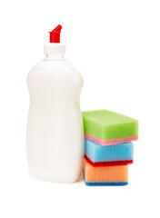 White dishwashing liquid in a transparent plastic bottle and three multicolored foam sponges isolated on white background. Kitchen detergent. Household chemicals.