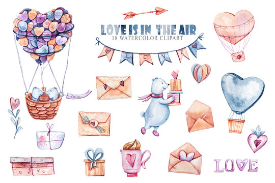 Watercolor Valentines day clipart set-polar bears, air balloons, love letters, envelopes, strawberry, herts. Hand painted cute polar bears ilustration on white background. Valentines greeting card