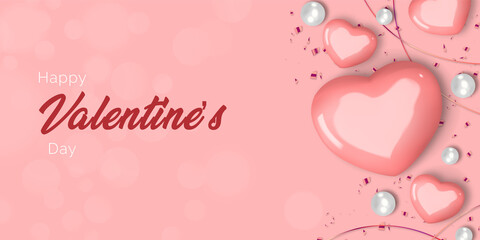 Realistic valentines day. Romantic Premium Vector background with pink hearts and pearls. Flatlay