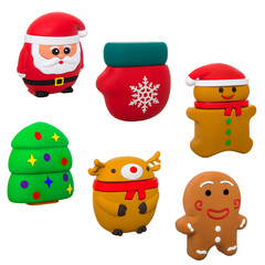 Collage of Christmas toys: Santa Claus, deer, mitten, Christmas tree, snowman, gingerbread