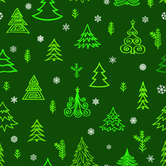 Christmas tree snow winter forest pattern. Holiday icons and New Year Tree xmas background