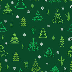 Christmas tree snow winter forest pattern. Holiday icons and New Year Tree xmas background