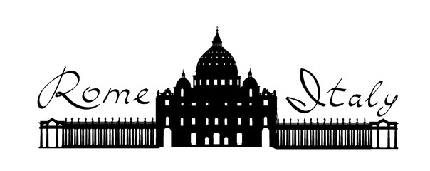 Rome travel landark Saint Peter Cathedral. Italian famous place San Pietro square silhouette icon with handwritten Lettering Rome Italy - obrazy, fototapety, plakaty