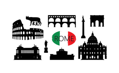 Naklejka premium Rome travel landmark set. Italian famous places silhouette icons. Architecture, building, arch, monument, brindge, sculpture main sightseeing tourist signs