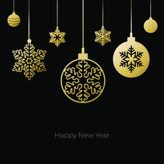 Christmas and New Year with golden snowflake and balls on black background. Xmas and New 2021 Year celebration preparation. Vector flat cartoon style. Greeting card, banner, poster
