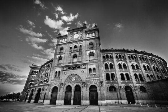 Black and white image of Bullring in Madrid, Las Ventas, situated at Plaza de torros. It is the bigest bullring in Spain.