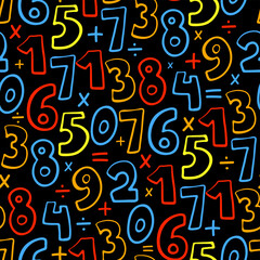 Bright colorful multicolored math numbers isolated on black background. Childish cute seamless pattern. Vector flat graphic hand drawn illustration. Texture.