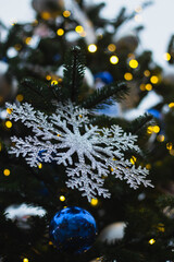 Christmas tree. New Year's toys. Cones, mittens, gloves, bows, balls, garlands. Concept of New...