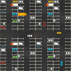 Top view of parking with lots of realistic glossy cars on asphalt, seamless pattern - 400607372