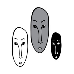 Isolated black and white vector illustration set of abstract lined cubist faces