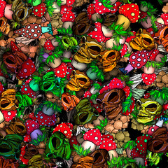 red mushrooms and skulls square background