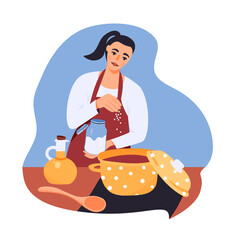 Obraz premium Woman on kitchen making dinner cartoon illustration. Homemade dish banner design. Food preparation, domestic work printing card.