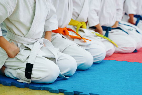 Kids training on karate-do. Banner with space for text. For web pages or advertising printing.