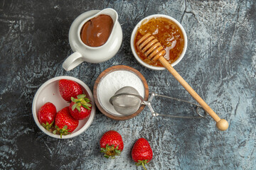 top view fresh strawberries with honey on dark background fruit berry sweet