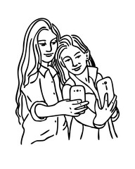 Two teenage girls make selfie on a smartphone. Girls showing positive emotions on their faces. Drawing lines. Outline style