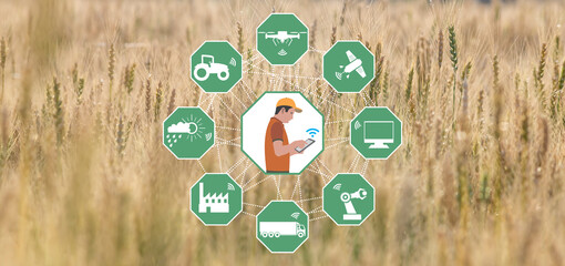 Smart Agriculture concept. Grain production with modern farming technologies. Wireless...