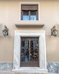 elegant family house front entrance metal and glass door, Athens Greece