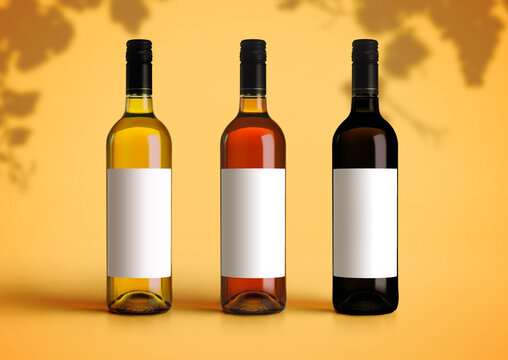 Mockup of three types of wine bottles on a yellow background. Empty blank label template to insert your brand or design
