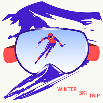 Winter sport. Skier goggles, athlete descends from the mountain - abstract background in grunge style - vector. Sports banner