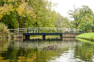 Rotterdam, The Netherlands, October 12, 2020: pedestrian bridge across a pond in a park simply called The Park, in autumn