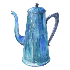 Watercolor coffee pot hand drawn in watercolor sketching style. Food illustration, design element isolated on white background.