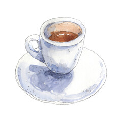 Watercolor coffee ristretto. A cup of coffee hand drawn in watercolor sketching style. Food illustration, design element isolated on white background.