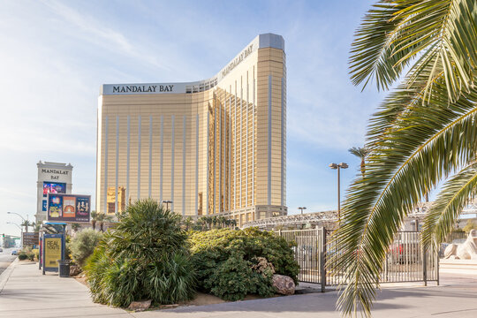 LAS VEGAS, NEVADA, USA - JANUARY 1, 2018: Mandalay Bay In 2018, A Resort And Casino On The Las Vegas Strip. Stephen Paddock Opened Fire From A Room Of The Hotel, Killing 58 And Wounding 546 In 2017.