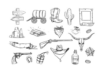 Cowboy set. Sketch illustration. Hand drawn elements converted to vector