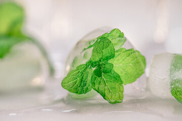 Frozen mint leaf ice cubes close up on light marble background