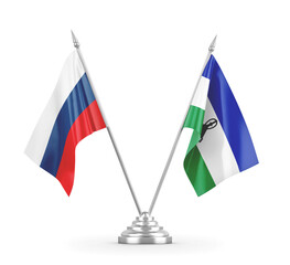 Lesotho and Russia table flags isolated on white 3D rendering