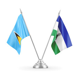 Lesotho and Saint Lucia table flags isolated on white 3D rendering