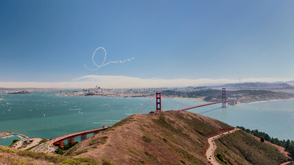 spectacular panorama of an aerobatic display above San Francisco Bay