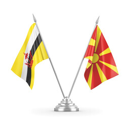 North Macedonia and Brunei table flags isolated on white 3D rendering