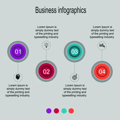 Business data visualization, infographics. Diagram of the process elements using graphics, circle diagrams in four stages, numbers, options, parts. Business vector for presentation.

