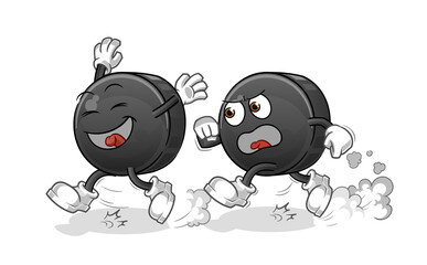 Hockey puck play chase cartoon. cartoon mascot vector