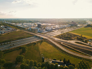Aerial drone shot of the busy highway in the Netherlands.