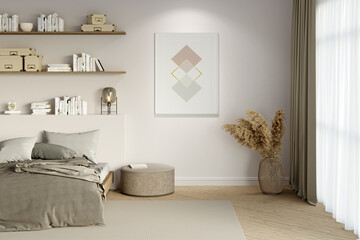 Bright bedroom with a vertical poster between a pouf, a bed with bookshelves above the headboard and pampas grass in a wicker basket, a window with curtains. Frontal view. 3d render